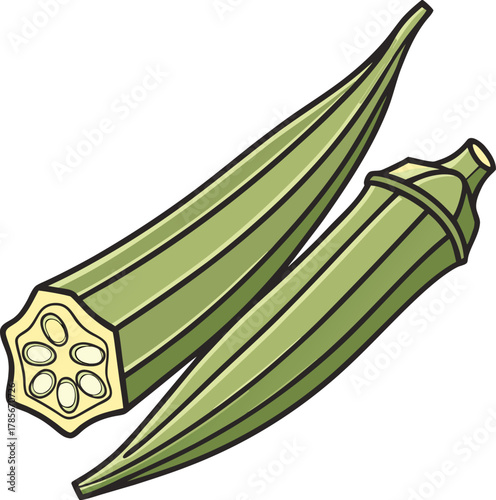 Two fresh okra pods are the main subjects, positioned diagonally across each other against a transparent background. The okra pods are vibrant green with textured, ribbed surfaces and pointed tips. Th