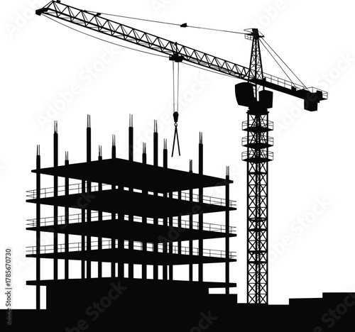Construction site silhouette, tower crane, multi-story building, urban development, heavy machinery, architecture, engineering, industrial skyline