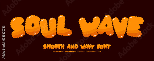 A smooth and wavy groovy font. Orange hippie letters and numbers with shadows and highlights.