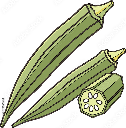 Two fresh okra pods are the main subjects, positioned diagonally across each other against a transparent background. The okra pods are vibrant green with textured, ribbed surfaces and pointed tips. Th