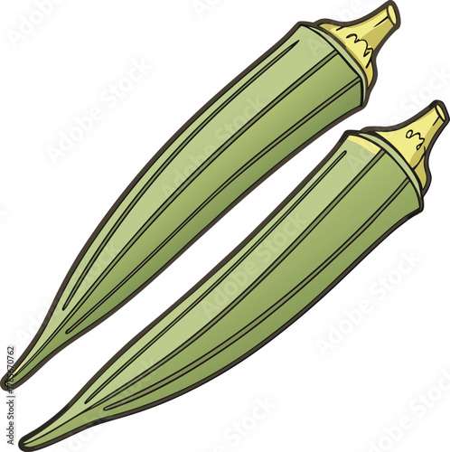 Two fresh okra pods are the main subjects, positioned diagonally across each other against a transparent background. The okra pods are vibrant green with textured, ribbed surfaces and pointed tips. Th