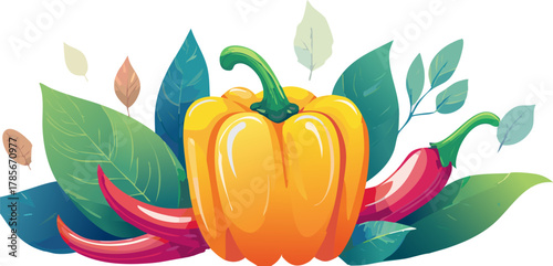 Fresh Vegetable Illustration Featuring Bell Peppers And Natural Green Leaves

