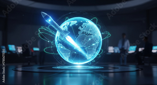 Hologram missile digital technology futuristic control room blue glowing earth security innovation defense modern science global military strategy cyber data interface virtual intelligence network