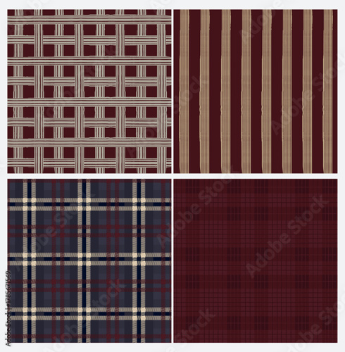 Collection of seamless checkered and stripes pattern. Warm autumn and winter colors. Quiet Luxury, Old Money, Vintage textures. Editable vector illustration