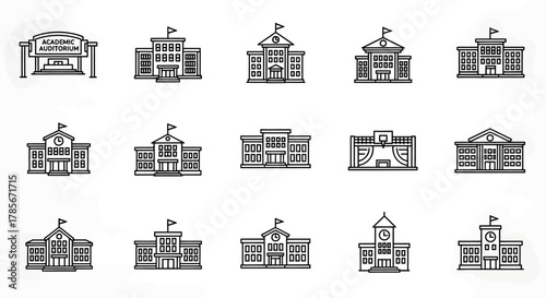 A collection of fifteen institutional building icons, including schools and government offices, in a black and white line art style.
