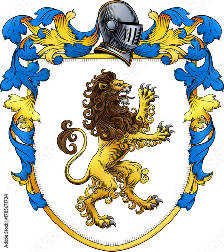 A lion coat of arms or crest family heraldry medieval heraldic knight shield with helmet and acanthus filigree scroll ornament in a vintage woodcut style.