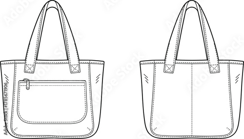 Handbag technical sketch, front view, back view, zipper pocket, structured design, fashion illustration, product template, accessories drawing, stitching detail