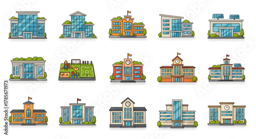 A diverse collection of modern building icons, including schools, offices, and public institutions, presented in a clean vector style.