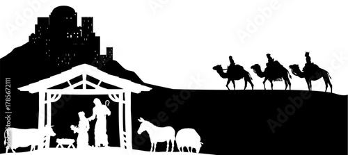 A Christmas nativity scene with baby Jesus in the manger, wise men and city of Bethlehem in the background