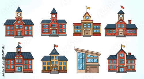 Collection of eight cartoon school buildings with different designs.