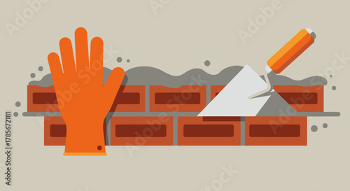 An illustration depicting the process of bricklaying, featuring a trowel, mortar, and a protective orange glove, symbolizing construction work and safety.