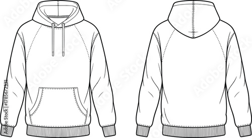 Hoodie flat sketch, raglan sleeve sweatshirt template, fashion technical drawing, apparel design outline, clothing mockup, garment illustration, vector front and back view