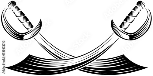 A pair of crossed pirate scimitar cutlass saber swords heraldry design element in a vintage retro woodcut style