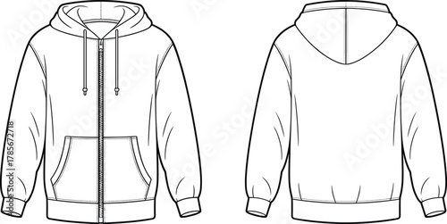 Hoodie flat sketch, zip up sweatshirt template, kangaroo pocket design, fashion technical drawing, apparel outline, clothing mockup, garment illustration, vector front and back view