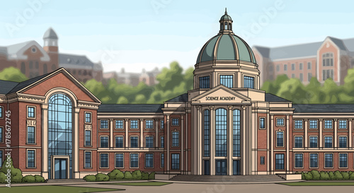Digital illustration of a grand university building with a central dome, classical architecture, and large windows on a campus.