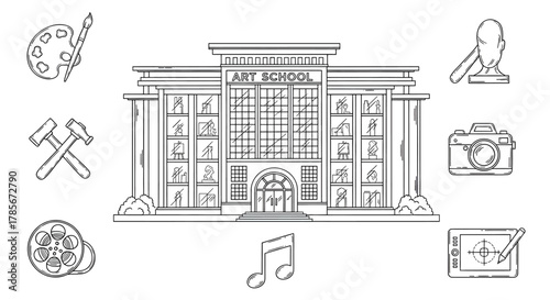 Black and white illustration of an art school building with various artistic elements.