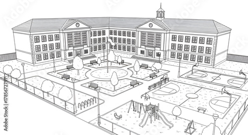 Illustration of a school building with a courtyard, playground, and basketball courts.