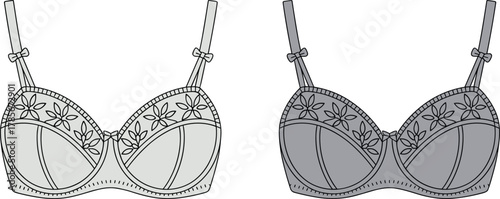 Lingerie bra technical illustration, floral embroidery design, adjustable straps, bow detail, structured cups, fashion sketch, garment template, underwear apparel drawing