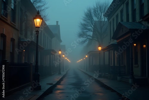 Fototapeta Naklejka Na Ścianę i Meble -  Deserted Victorian street with gas lamps glowing through fog.