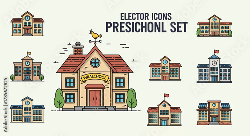 Collection of colorful preschool building icons, perfect for educational design and illustration.