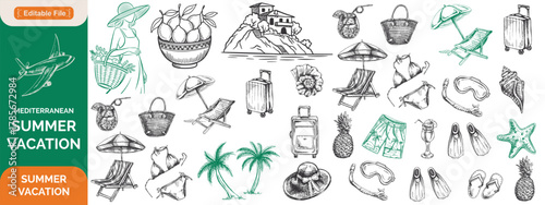 Mediterranean summer vacation illustration set in sketch style. Italian holiday elements. Hand drawn lemons, seafood, lobster, shell, cocktail. Coastal collection for card, prints, wedding invitation.