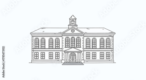 Detailed line art illustration of a classical-style building with a clock tower and symmetrical windows.