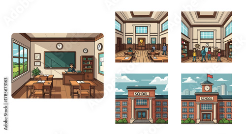 A set of vector illustrations depicting a school, including a classroom interior, building exterior, and a grand hall.