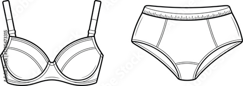 Lingerie, underwear, bra, panties, fashion, apparel, clothing, intimate, female, garment, sketch, outline, design, illustration, black, white, contour, technical, drawing, template