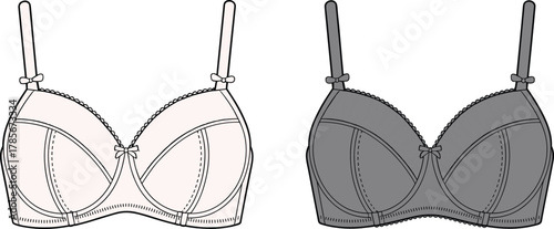 Lingerie bra technical illustration, front view, floral embroidery, adjustable straps, bow detail, underwire support, structured cups, fashion design, garment template, apparel sketch