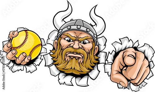 A Viking man holding Softball ball and pointing sports team cartoon charcater mascot illustration.