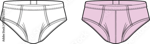 Men's briefs, underwear illustration, fashion sketch, garment design, apparel template, waistband, stitching detail, leg openings, color variation, front view