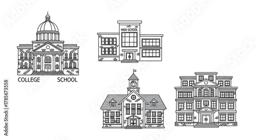 A collection of four educational building icons, including a college with a dome and various schools, depicted in a black and white line art style.