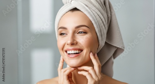 Happy woman with towel on head touching face, enjoying skincare routine at home