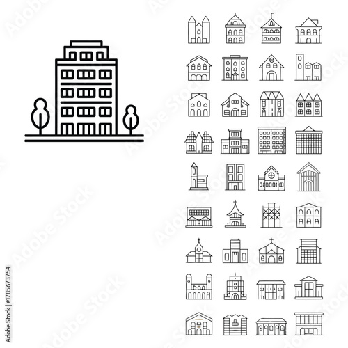 Modern building and house outline icons collection for architecture design projects