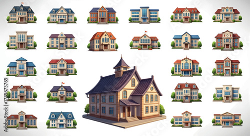 A collection of stylized architectural illustrations of various buildings, with one large detailed house in the foreground.