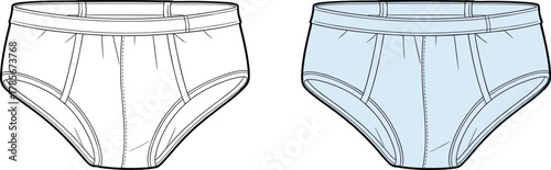 Men's briefs, underwear illustration, fashion sketch, garment design, apparel template, waistband, stitching detail, leg openings, color comparison, front view