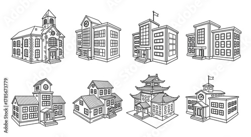Collection of diverse architectural buildings in black and white line art style, featuring schools, churches, and residential houses.