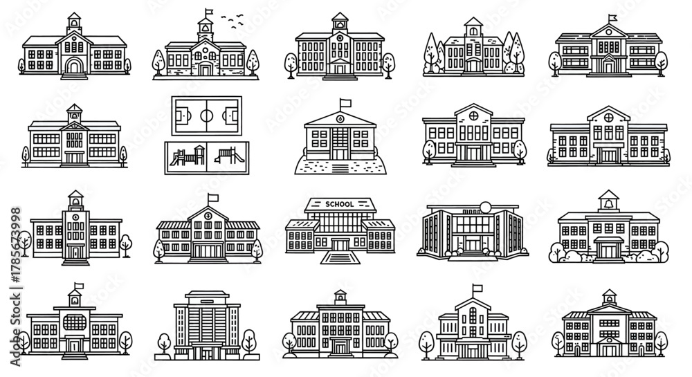 Fototapeta premium Collection of various detailed illustrations of different types of school buildings and architecture.
