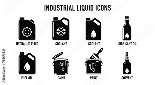 Industrial liquid icons vector set of oil coolant paint and solvent editable