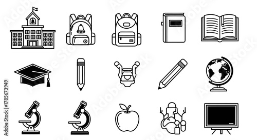 A collection of black and white line art icons representing various school and education subjects and supplies.