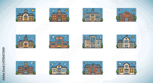 Collection of various colorful cartoon illustrations of different building types, including schools and offices.