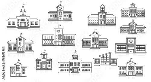 A collection of black and white line art illustrations depicting various school and university buildings with architectural details.