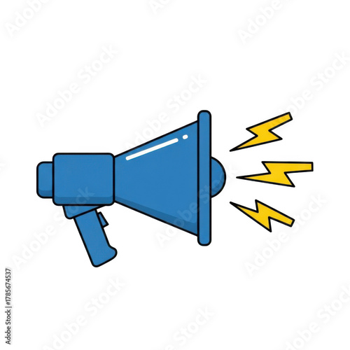 Blue megaphone icon, loudspeaker symbol, announcement illustration, communication sign