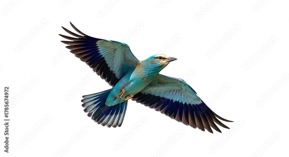 Obraz premium European Roller, with vibrant turquoise and blue plumage in flight, cutout, PNG isolated on white or transparent background
