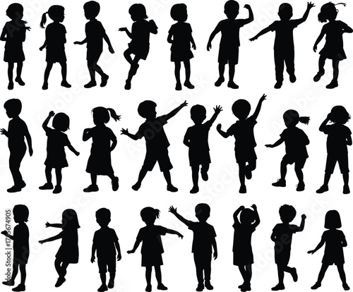 Children silhouette collection, diverse kid poses, walking, standing, gesturing, ponytail hairstyle, black shadow figures, posture study, movement analysis, design elements, white background grid