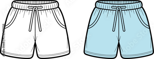 Shorts, fashion illustration, technical sketch, garment design, apparel template, drawstring waistband, side pockets, stitching detail, color comparison, casual style