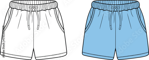 Shorts, fashion illustration, technical sketch, garment design, apparel template, elastic waistband, drawstring, side pockets, stitching detail, color comparison, casual style