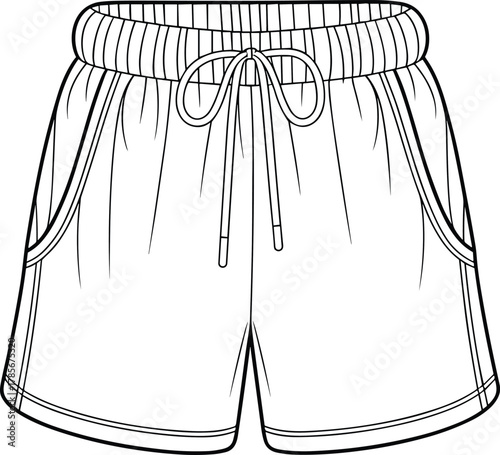 Shorts, fashion sketch, technical drawing, garment design, apparel template, elastic waistband, drawstring bow, side pockets, stitching detail, casual style