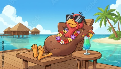 Fototapeta Naklejka Na Ścianę i Meble -  Funny Turkey Relaxing in Sunglasses on Tropical Dock, Thanksgiving Getaway