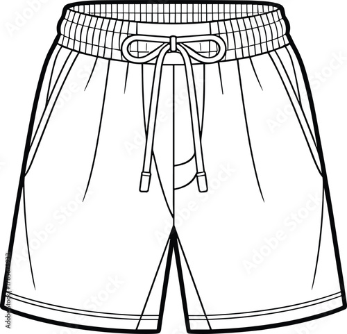 Shorts, fashion sketch, technical drawing, garment design, apparel template, elastic waistband, drawstring tie, side pockets, stitching detail, pleated waist